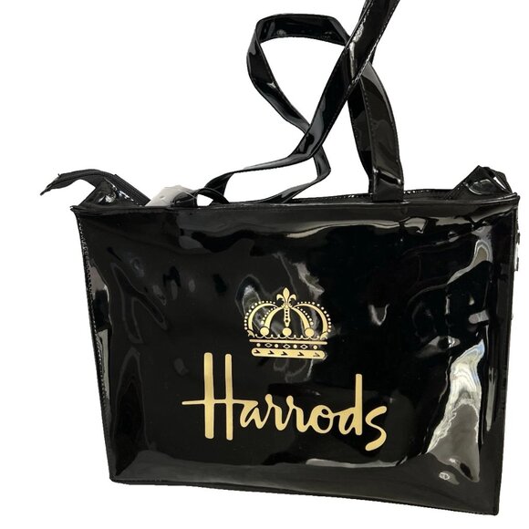 HARRODS LONDON Large PVC Zip Top Tote Bag Glossy Black color - BNWT - Picture 2 of 9